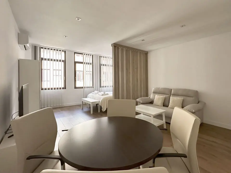 vista general del apartamento de lujo B3 de Alfisa, situado en l calle príncipe 5, a seis minutos a pie de la Puerta del Sol, se ve una cama con separación del resto de la estancia donde en un mismo espacio se sitúan el sofá cama, una mesa comedor con cuatro sillas, un mueble moderno bajo con televisor