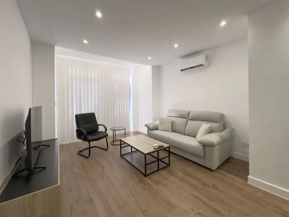 Vista panorámica del apartamento de lujo Alfisa desde el pasillo de entrada, mostrando la zona de estar con sofá cama, sillón de una plaza, mesa central pequeña y la televisión.